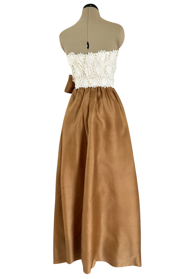 Prettiest 1994 Givenchy Couture Floral Crochet Bodice Dress w Gold Silk Skirting