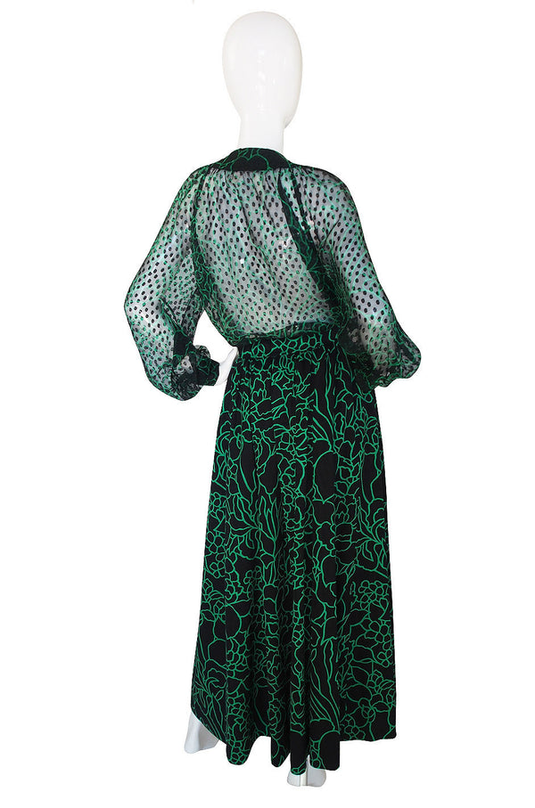 1980s Green Print Chanel Silk Top & Skirt