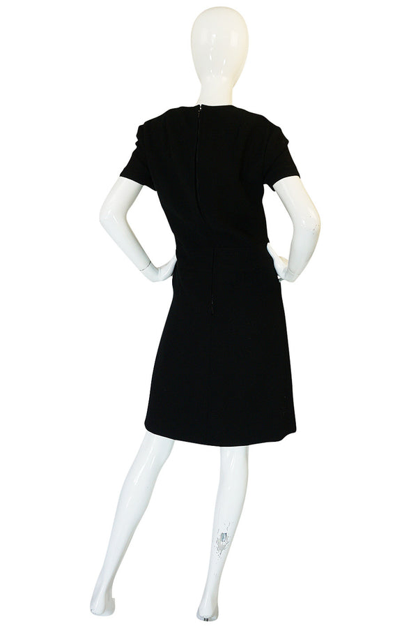 1960s Demi-Couture Level Black Wool Crepe Shift Dress