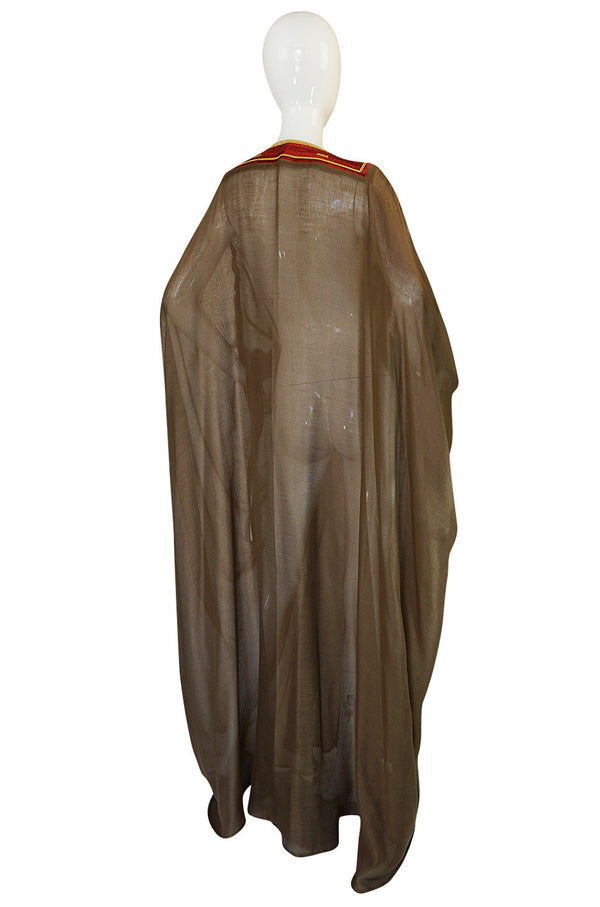 1970s Deep Taupe Caftan w Red & Gold Thread Embroidered Trim
