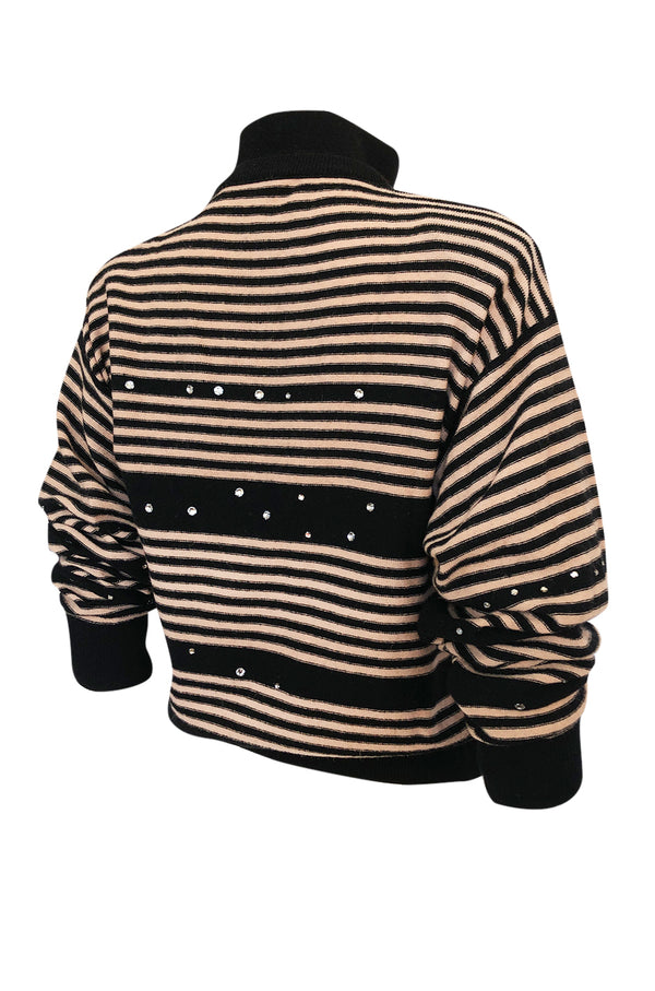 1980s Sonia Rykiel Pink & Black Sweater w Rhinestone Embelishments