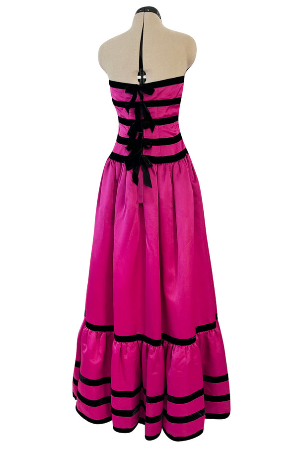 Prettiest Fall 1980 Oscar de la Renta Strapless Pink Silk Matte Satin Dress w Velvet Bows