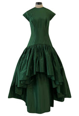 Rare 1977 Madame Gres Haute Couture Dress & Cape in a Deep Green Silk Taffeta