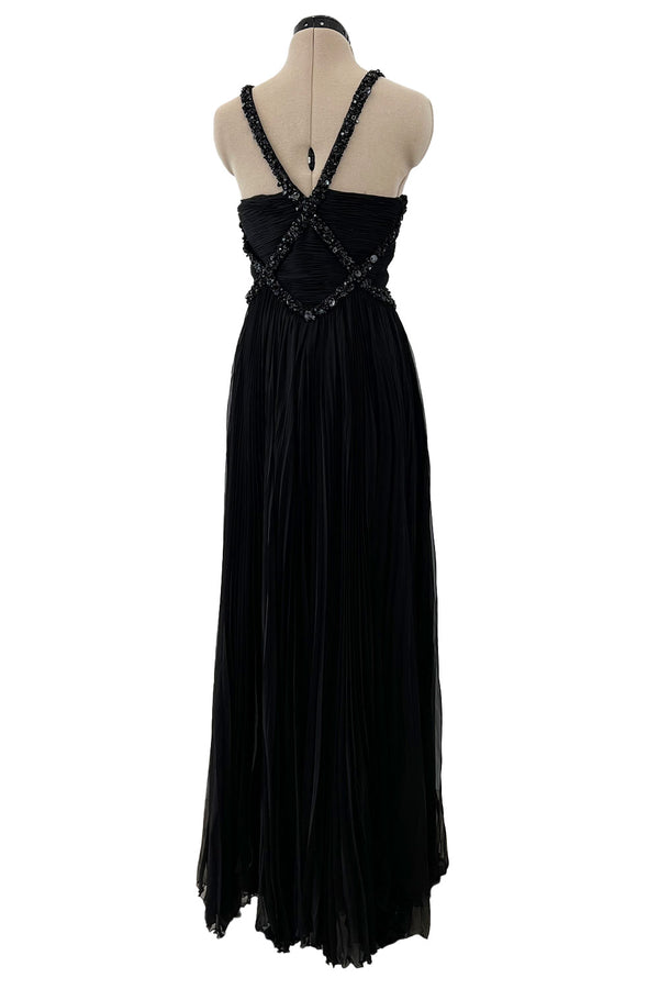 Incredible Spring 2003 Valentino Runway Black Silk Chiffon Dress w Black Beaded Detailing