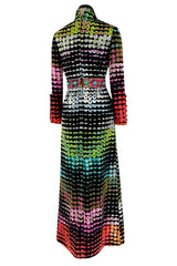 Amazing 1970s Unlabeled Valentina Inc. Rainbow Colored Elaborate Sequin & Bead Detailed Dress