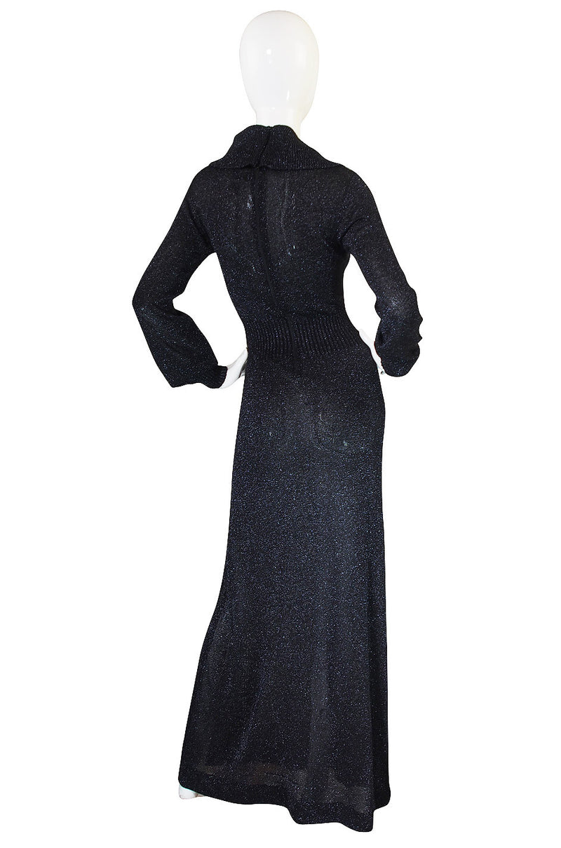 1970s Supermodel Length Wenjilli Metallic Black Dress