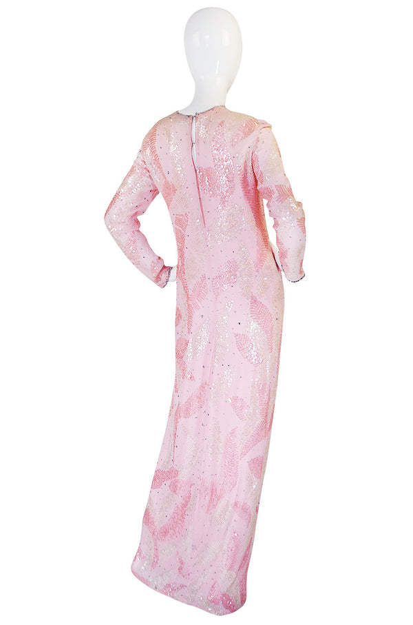 1970s Sequin Covered Pink Silk Chiffon Halston Dress
