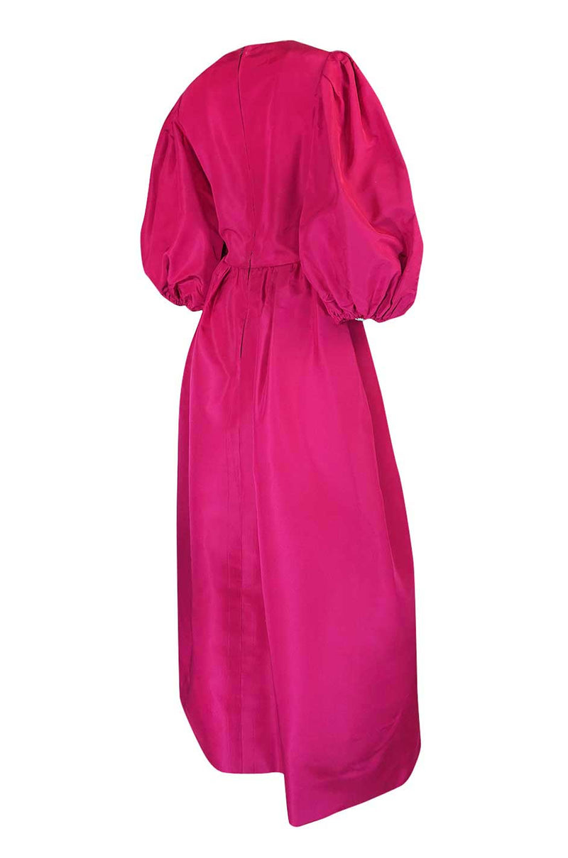 1980s Pauline Trigere Balloon Sleeve Pink Silk Taffeta Dress