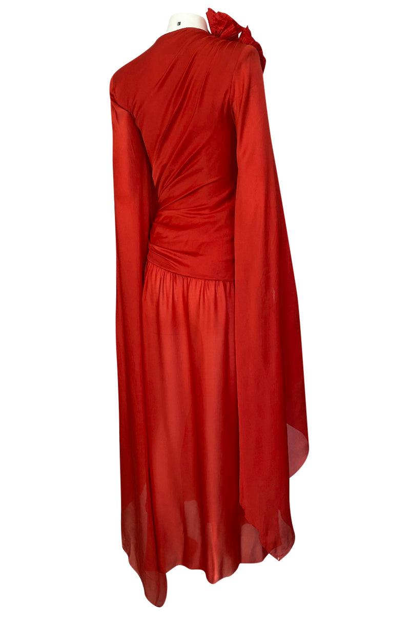 Rare 1970s Nina Ricci Haute Couture Trailing Angel Wing Sleeve Red Silk Dress