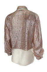 Late 1970s Oscar de la Renta Pink & Silver Sequin Top w Rhinestone Buttons