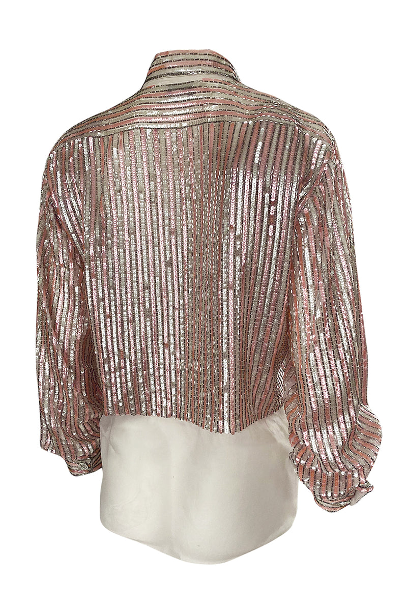 Late 1970s Oscar de la Renta Pink & Silver Sequin Top w Rhinestone Buttons