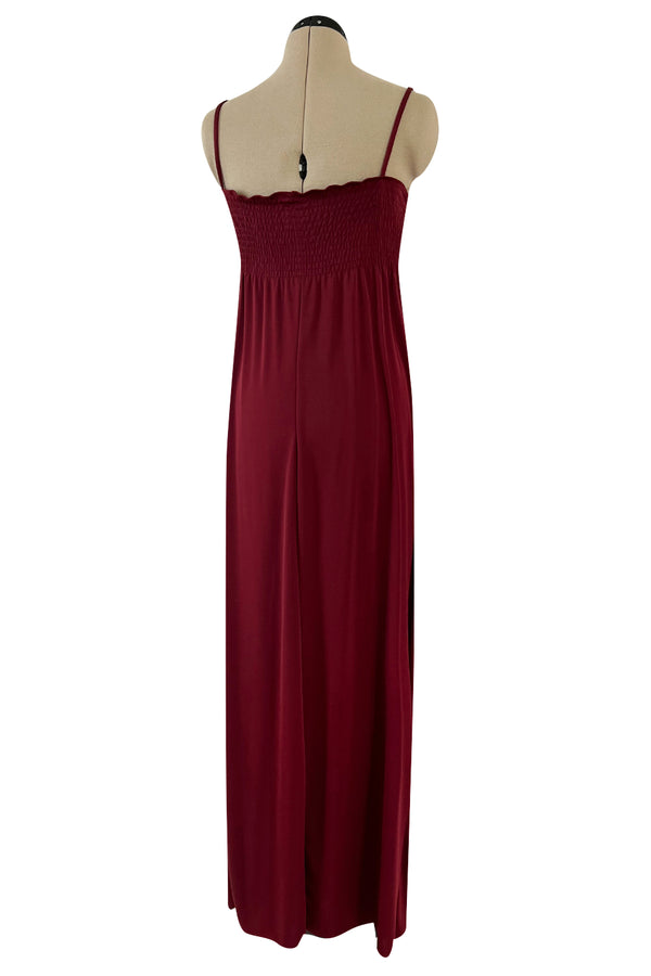 Fantastic 1980s Bill Tice Burgundy Jersey Halter Dress w Metallic Gold Inset