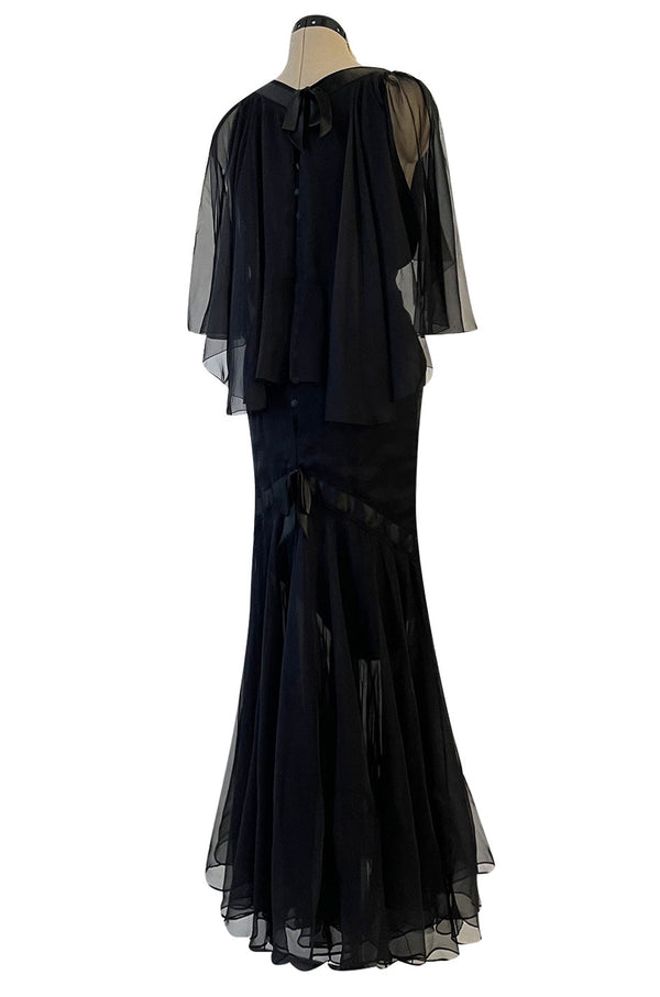 First RTW Collection Fall 1983 Chanel by Karl Lagerfeld Black Caped Bodice Silk Chiffon Dress