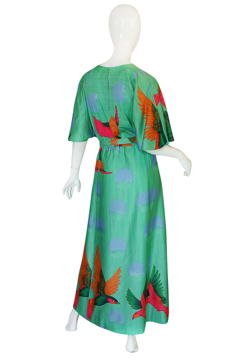 1970s Hanae Mori Green & Tropical Bird Caftan Dress