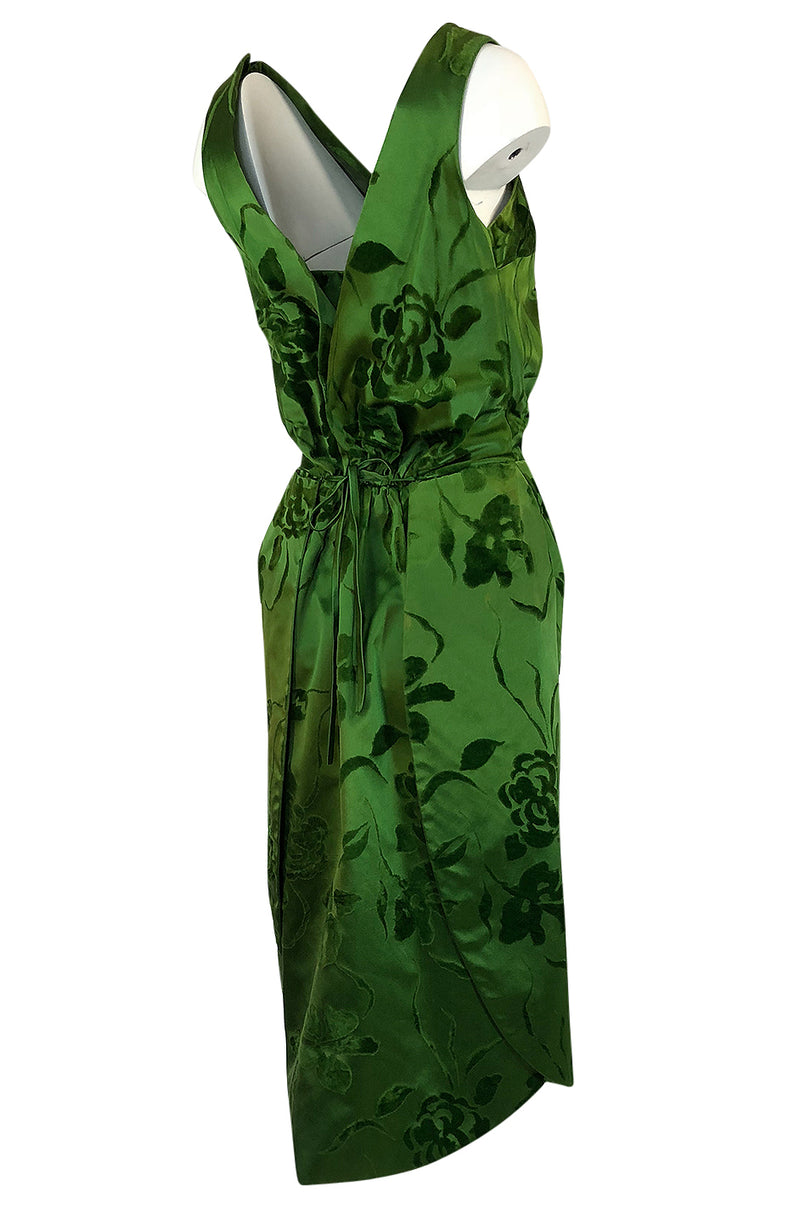 c.1955 Jean Desses Green Silk Dress w Fused Velvet Detailing