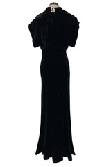 Stunning 1930s Black Silk Velvet Bias Cut Dress w Top Stitched Sleeves & Silver Glitter Buttons