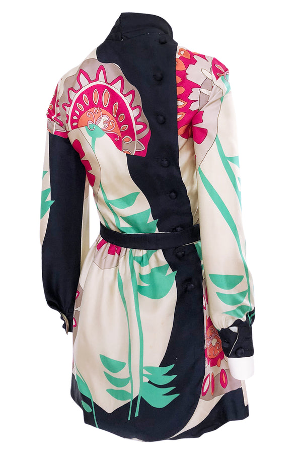 1960s Jean Patou Couture Signed Scarf Print Silk Twill Mini Dress