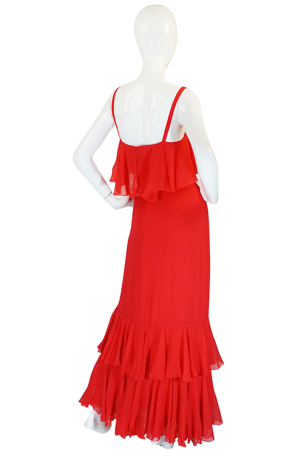 Unworn 1970s Red Silk Chiffon Tiered Ruffle Skirt Dress