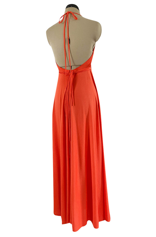 Fantastic 1970s Frank Usher Coral Jersey Dress w a Deep Front Plunge & No Back