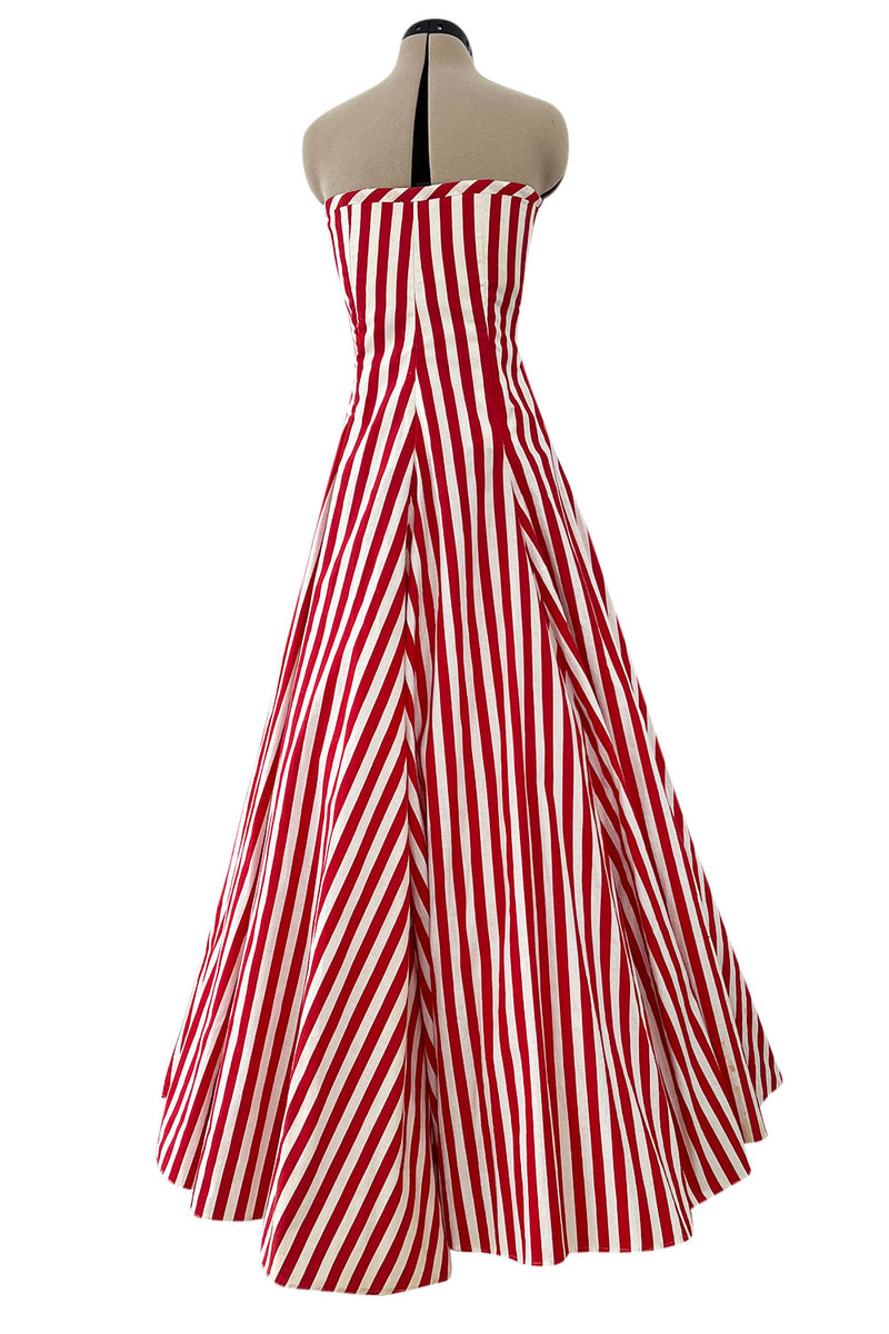 Spectacular 1930s Unlabeled Red & White Striped Cotton Strapless Sweetheart Dress