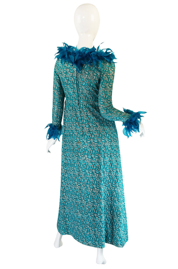 1960s Blue Metallic Thread on Net Feather Dress