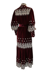 1960s Bill Tice Rich Garnet Velvet & Embroidered Floral Dress