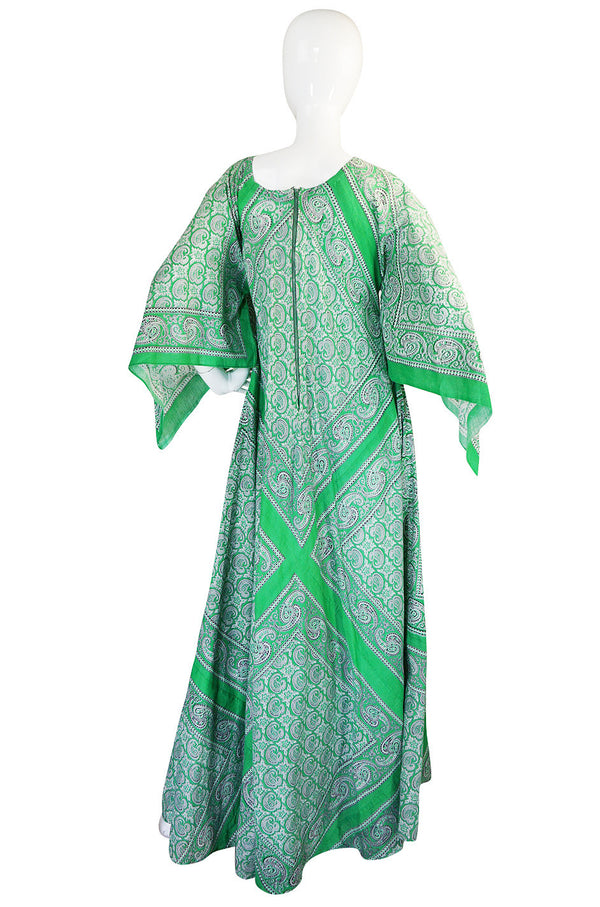 1970s Green Print Bandanna Scarf Cotton Caftan Dress