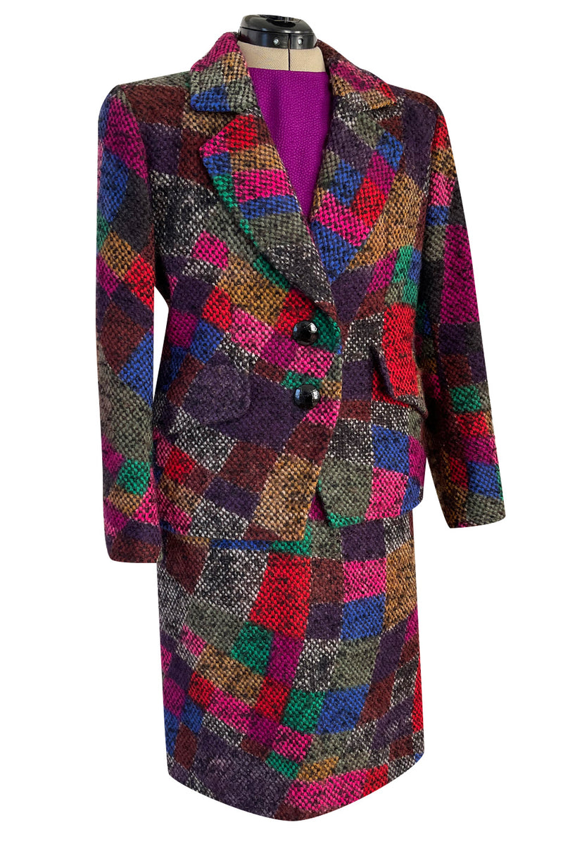 Fall 1991 Ady Couture Lausanne Yves Saint Laurent Haute Couture Copy Wool Patchwork Suit w Silk Top