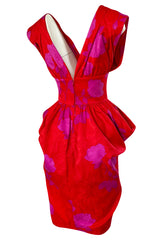 1980s Odicini Couture Coral & Pink Print Plunge Dress w Unusual Skirt