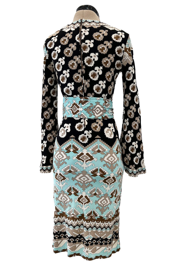 Fantastic 1970s Leonard Turquoise & Tan Fashion Silk Jersey Dress w Matching Tie Belt