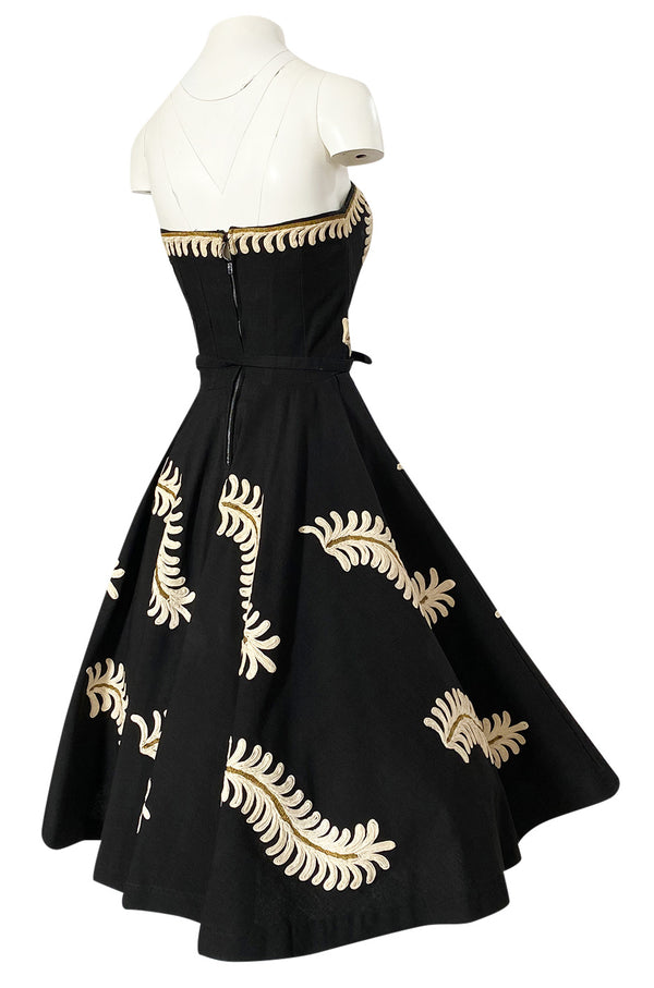 1950s Heavy Cotton / Canvas Strapless Dress  w Hand Applied Cord Applique