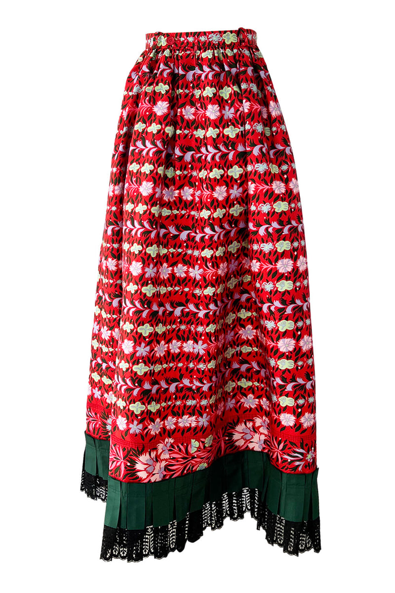 Early 1970s Lanvin by Jules-Francois Crahay Demi-Couture Printed Red Silk Skirt w Green & Lace Edging