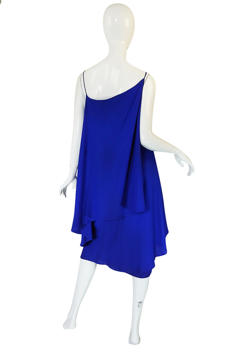 1980-82 Ruffled Halston Spiral Dress in Royal Blue Silk