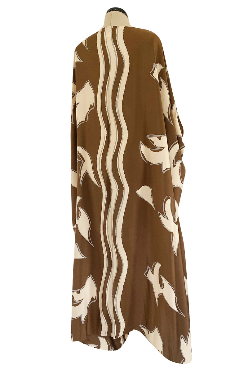 1980s Bill Blass Wavy Stripe & Abstract Print Pattern Soft Brown & Creamy Taupe Silk Caftan Dress