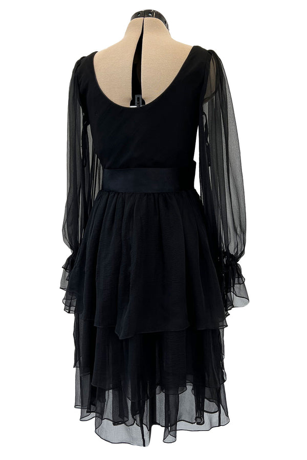 Incredible Fall 1993 Yves Saint Laurent Runway Black Silk Chiffon Dress W Ruffle Full Sleeves