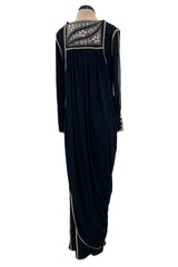 Museum Held 1970s Bill Gibb Black Liquid Jersey Dress w MOP Buttons & Extensive Beading