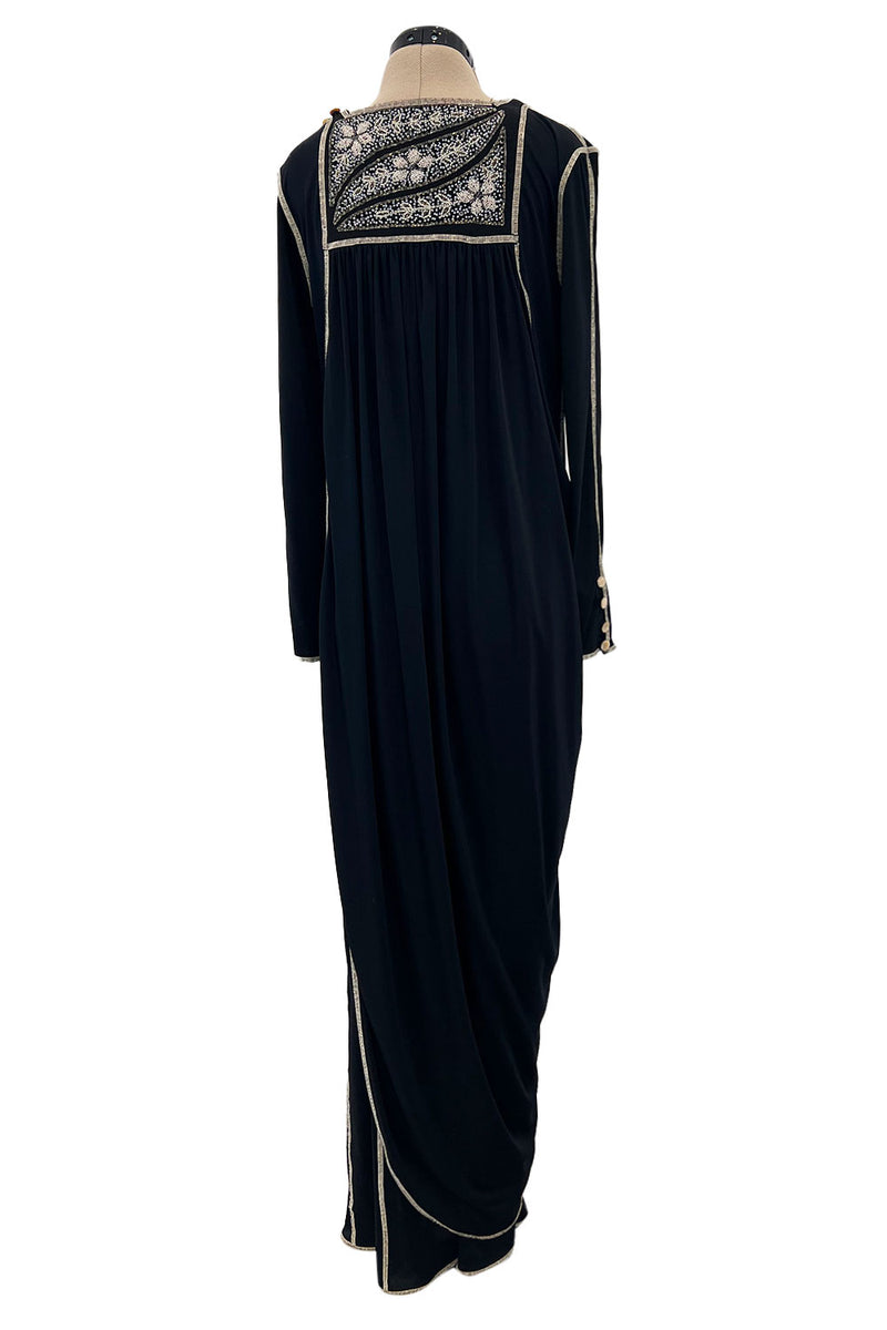 1970s Bill Gibb Museum Held Black Liquid Jersey Dress w MOP Buttons & Extensive Beading
