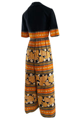 Late 1960s Oscar de la Renta Printed Orange & Black Jumpsuit w Extra Wide Side Slit Legs