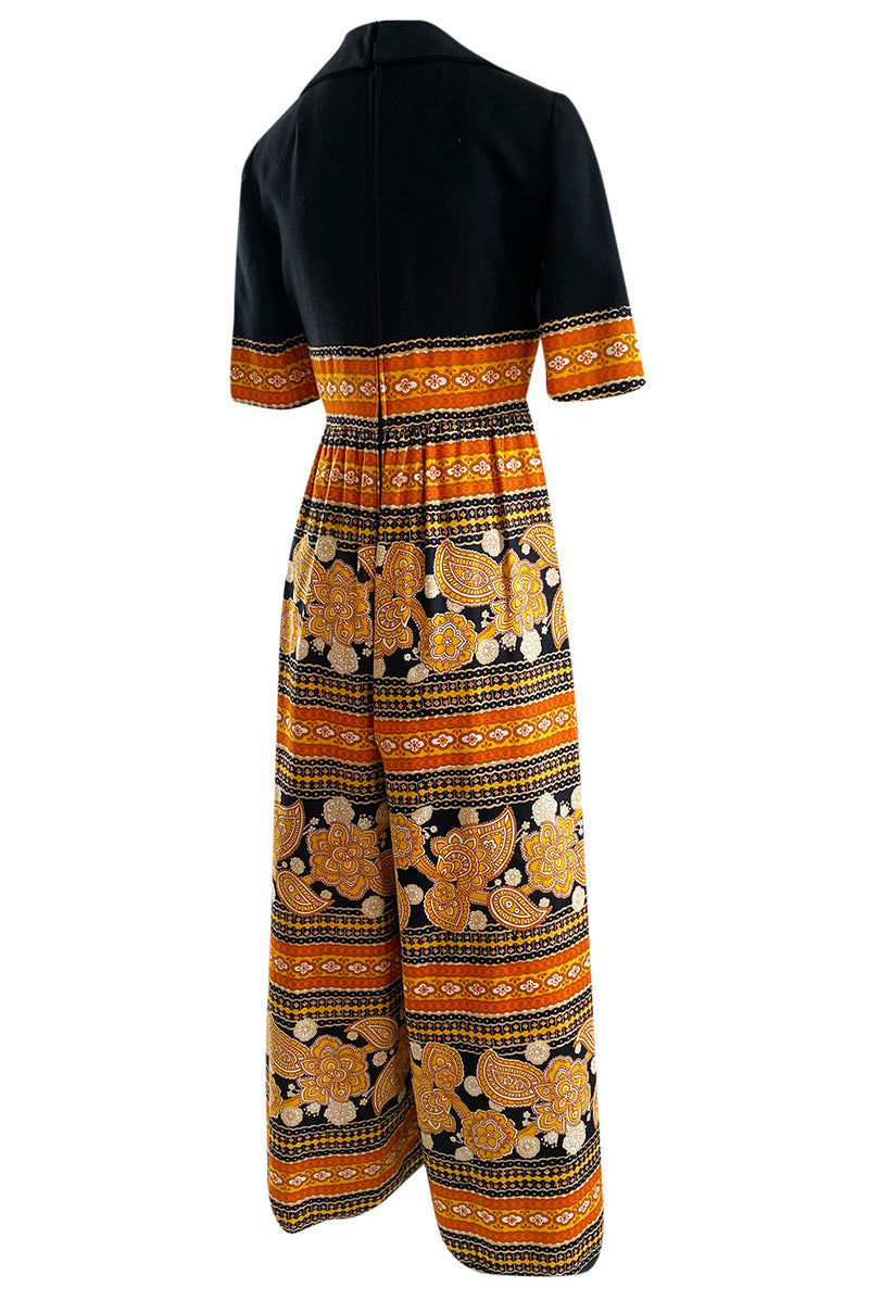 Late 1960s Oscar de la Renta Printed Orange & Black Jumpsuit w Extra Wide Side Slit Legs