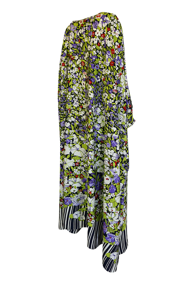 1970s Lanvin Floral Printed Fluid Jersey Ribbon Front Caftan Dress