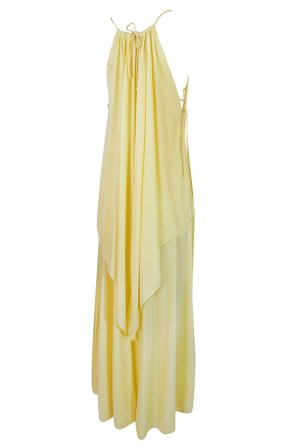 1970s Unlabeled Light Yellow Jersey Layered & Tiered Halter Dress