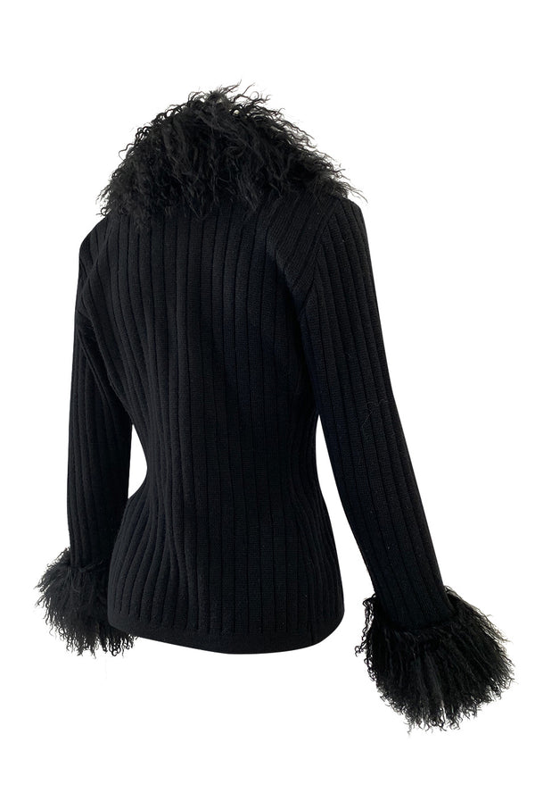 c. 1973 Yves Saint Laurent Black Ribbed Knit Sweater w Mongolian Fur Trimmed Collar & Cuffs