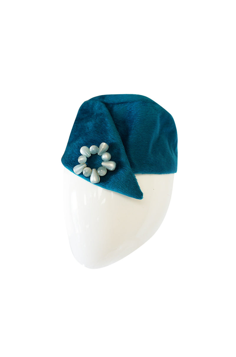 1960s Blue Miss Dior Pillbox Hat with Removeable Pin
