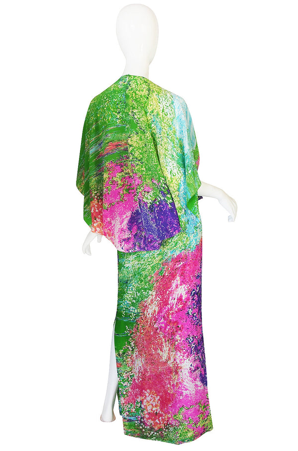 1970s Print Draped Silk Pauline Trigere Dress Set