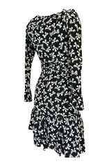 S/S 1987 Yves Saint Laurent Bow Print Silk Ruffle Dress
