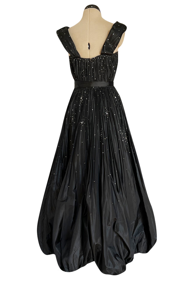 Rare 1961 Norman Hartnell Couture Black Silk Taffeta Dress w Crystal Detailing