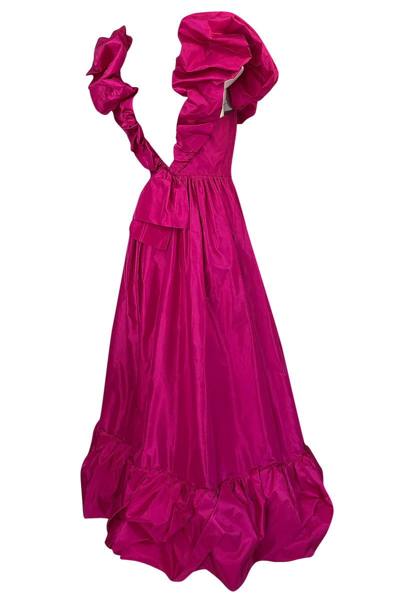 1980s Loris Azzaro Couture Bright Pink Silk Taffeta Backless Plunge Dress