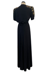 Stunning 1930s Unlabeled Moss Silk Crepe Dress w Dense Beading Sequin & Gold Thread Embroidery