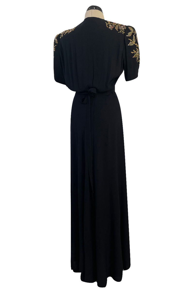Stunning 1930s Unlabeled Moss Silk Crepe Dress w Dense Beading Sequin & Gold Thread Embroidery