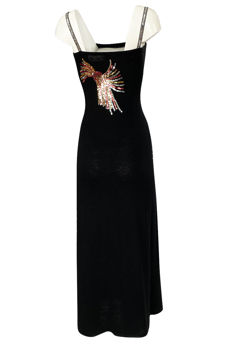 Stunning 1970s Adolfo Black Knit w Sequin & Rhinestone Detailing Dress